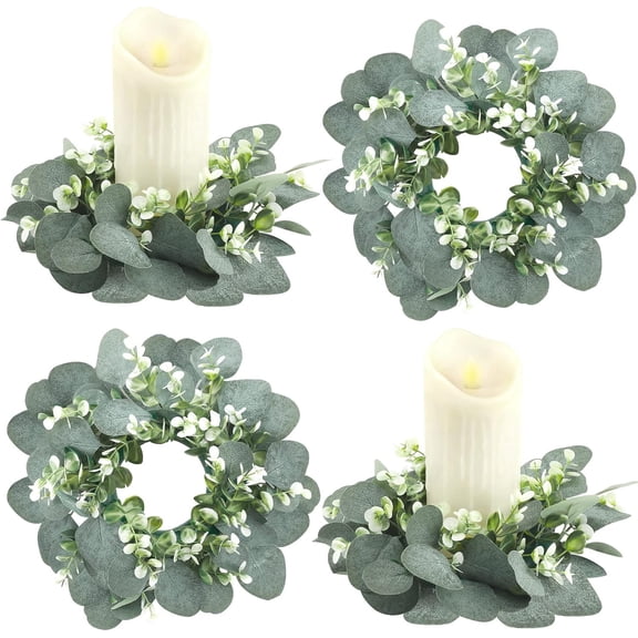 4 Pieces Candle Rings Artificial Eucalyptus Leaves Wreaths Small Boho Wreaths Rings Pillar Candle Holder for Wedding Home Door Tabletop Decoration