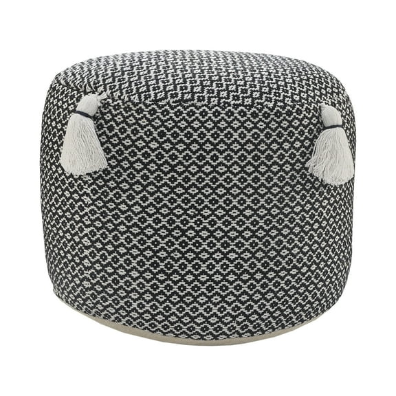 LR Home Small Tassels Geometric Indoor Round Pouf, Black/White, 18" x 18" x 14"