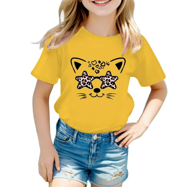 GDREDA Vêtements pour Filles, T-Shirt Graphique Mignon à Col Rond et Manches Courtes, Tunique d'Été Décontractée pour Fille, Jaune, 8-9 Ans