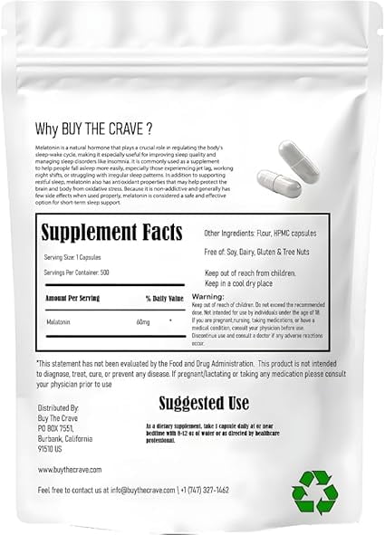 Buy The Crave Melatonin 60mg Extra Strength – High-Dose Sleep Support for Adults, 500 Capsules
