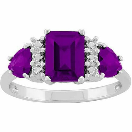 Amethyst Sterling Silver Side Trillions and Emerald-Cut Center Three-Stone Ring
