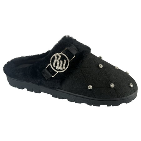 

Rocawear Women’s Clog Slippers - Faux Suede Textile Upper with Rhinestones - Faux Fur Collar with Rocawear Metal Charm - Insole with Cushion Comfort Padding - Indoor/Outdoor Outsole