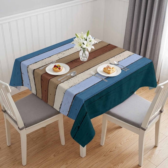 Blue Brown Table Cloth Waterproof Tablecloths, Farmhouse Wood Grain Vintage Vertical Striped Tablecloth Dining Table Cover for Kitchen Party Tabletop Outdoor, Square Tablecloth 54x54 Inch