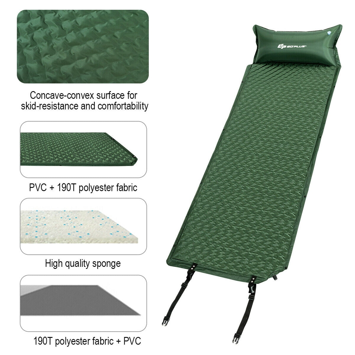Randonn/ée 191 x 69 x 15CM Plage Vert GOPLUS Matelas de Camping Gonflable R/ésistant /à l/’Usure et Imperm/éable Matelas Autogonflant Haute R/ésilience avec Oreiller pour Campin