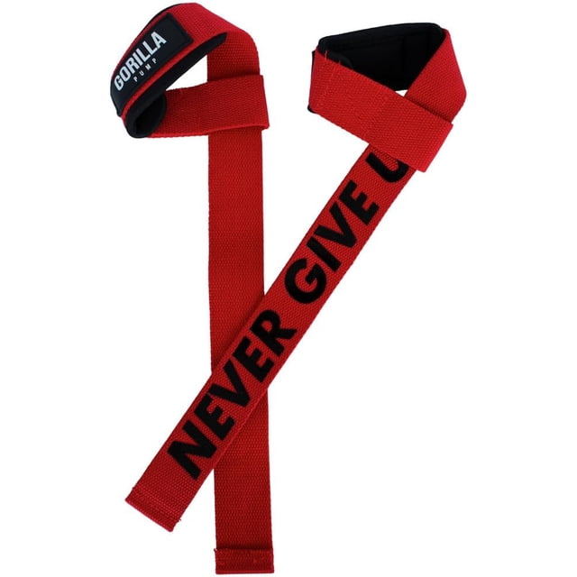 Gorilla Pump Straps Deluxe para Gimnasio y Levantamiento de Pesas, Fitness de Alta Sujeción, Comodidad y Estabilidad para Entrenamientos Intensos Crossfit Ejercicio Gym Never Give Up (Rojo Impacto)