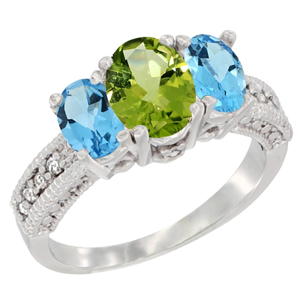 10K White Gold Diamond Natural Peridot Ring Oval 3-stone with Swiss Blue Topaz, sizes 5 10 by WorldJewels