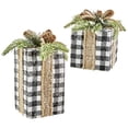 thumbnail image 2 of RAZ Imports Set of 2 Black and White Checked Presents with Burlap Ribbon Greenery and Pine Cones 6.5 Inch - 10.5 Inch, 2 of 3