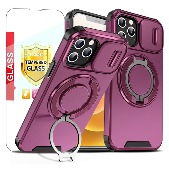 Kryonix for iPhone 12 / iPhone 12 Pro 6.1'' Case with Screen Protector,Includes a Sliding Camera Cover,360° Magnetic Rotated Ring Kickstand,Military Grade Shockproof Protective Cover,Wine
