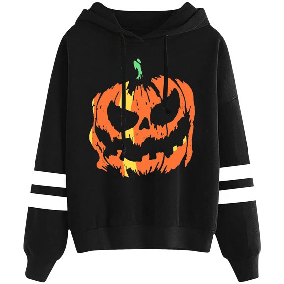 Tisuna Halloween Hoodie For Women Cozy Pumpkin Print Hooded Tops Ladies Long Sleeve Halloween Daily Fall Hoody Size L