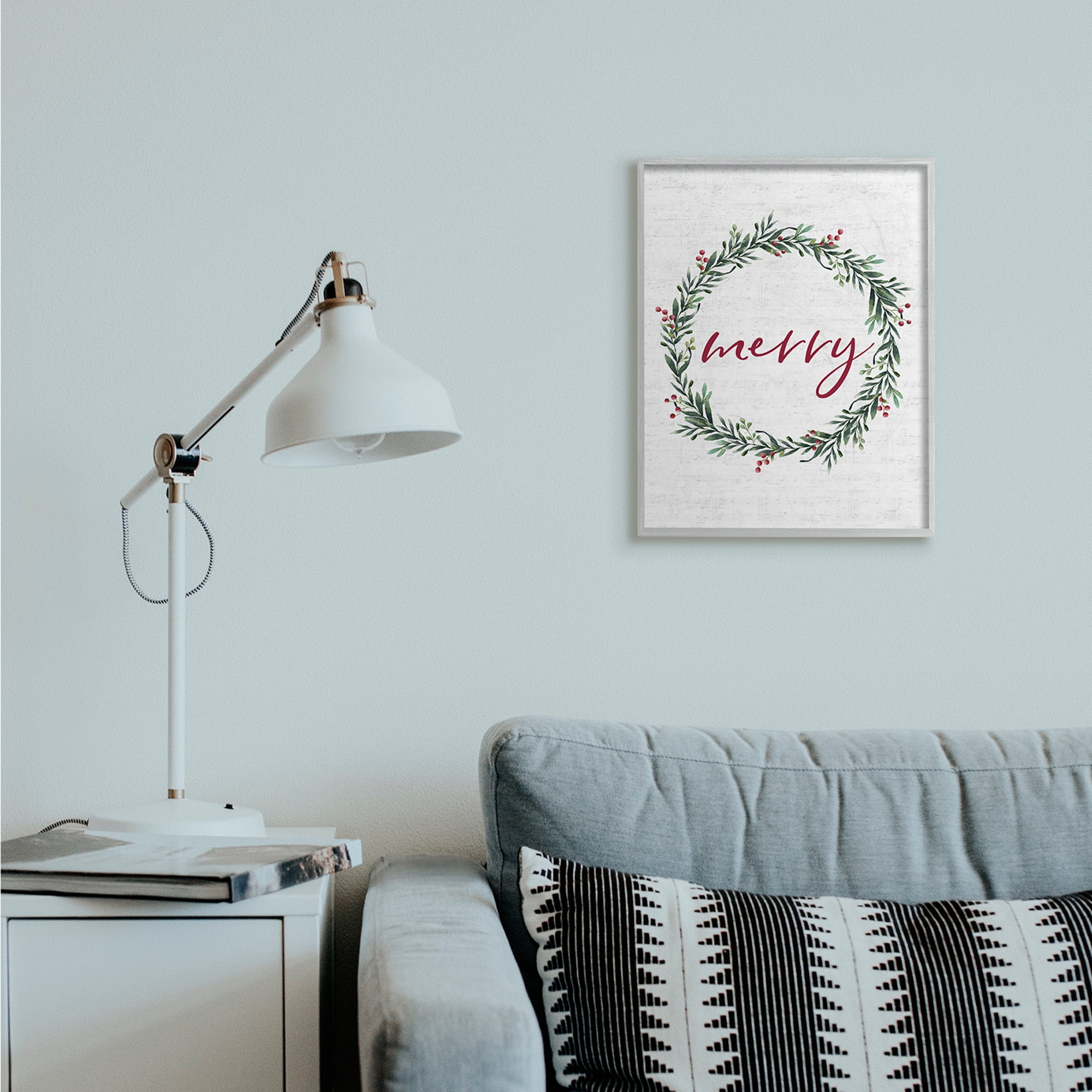 Stupell Industries Red Merry Text Festive Country Holiday Wreath Holiday Painting Gray Framed Art Print Wall Art, 16 x 20