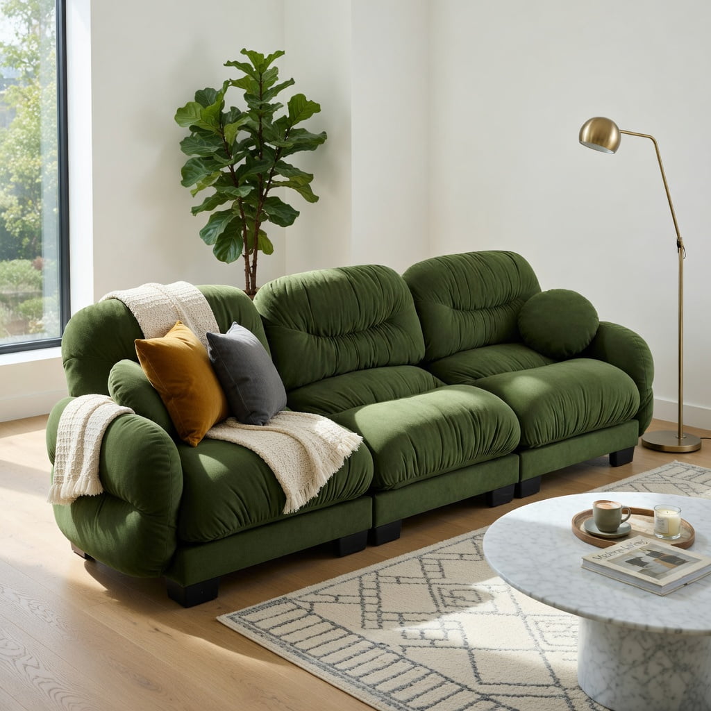 Hommoo Chenille 3-Seat Modular Sofa with Pleated Back, Ergonomic High-Density Foam Cushions, Curved Armrests & 2 Round Throw Pillows, Green