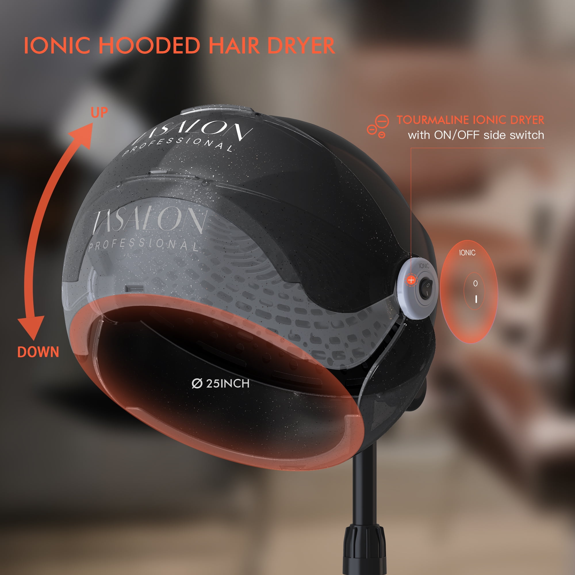 TASALON 1875W Ionic Hood Hair Dryer with Adjustable Stand, 3 Temperature Settings, Rolling Wheels, and Timer, Black