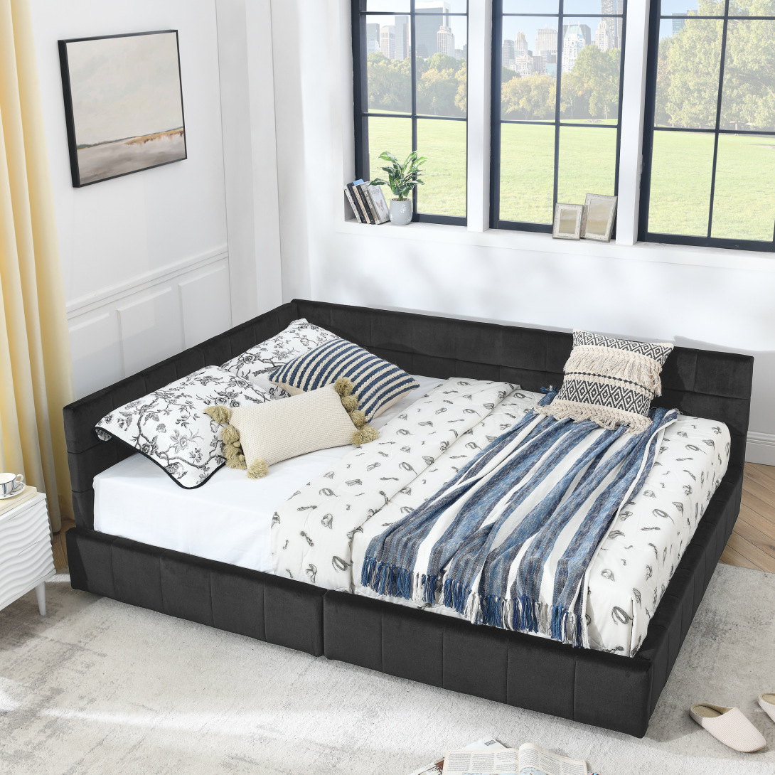 Queen Size Storage Upholstered Tufted Bed Frame with 2 Storage Drawers, Sofa Bed Frame with Comfortable Backrest and Armrests, Velvet Platform Bed for Bedroom, Living Room, No Box Spring Needed, Black