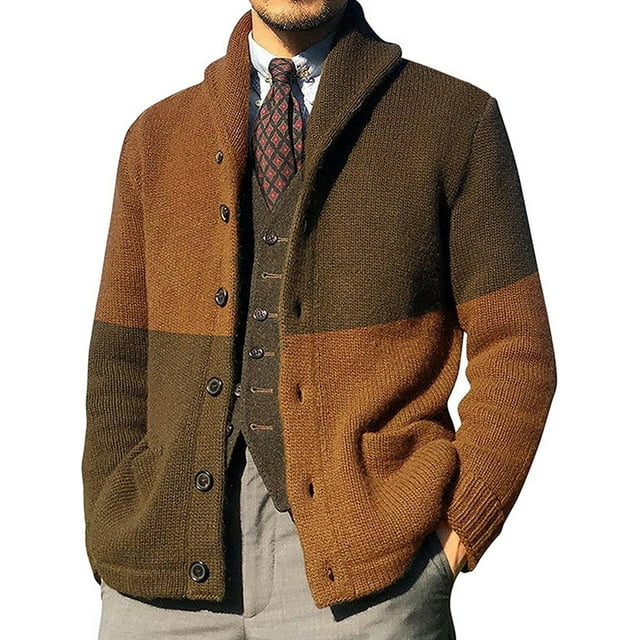 MAWCLOS Cardigan Ouvert pour Hommes, Chandail à Manches Longues, Chandails Tricotés d'Extérieur, Cardigans à Blocs de Couleur, Brun G