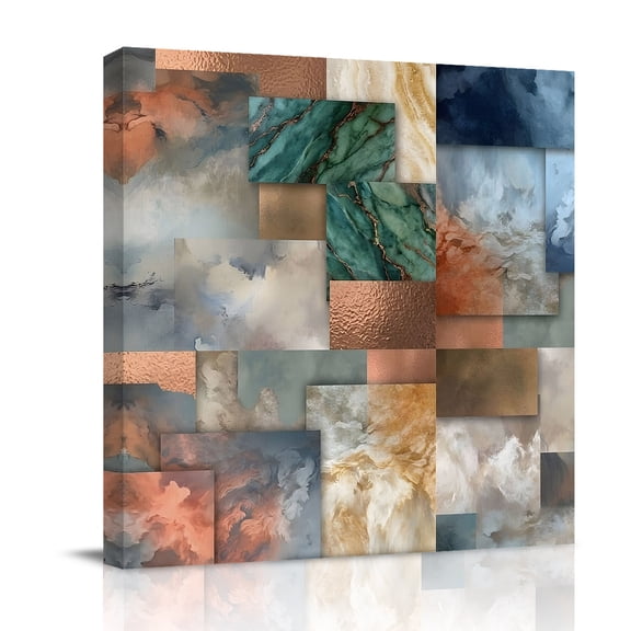 Canvas Wall Art, Abstract Marble Framed Canvas Prints for Bathroom Desk, Terracotta Green Blue Fluid Art Modern Luxury Small Gallery Wrapped Wall Decor for Home Office, Gifts, 8"x8" Ship Next Day