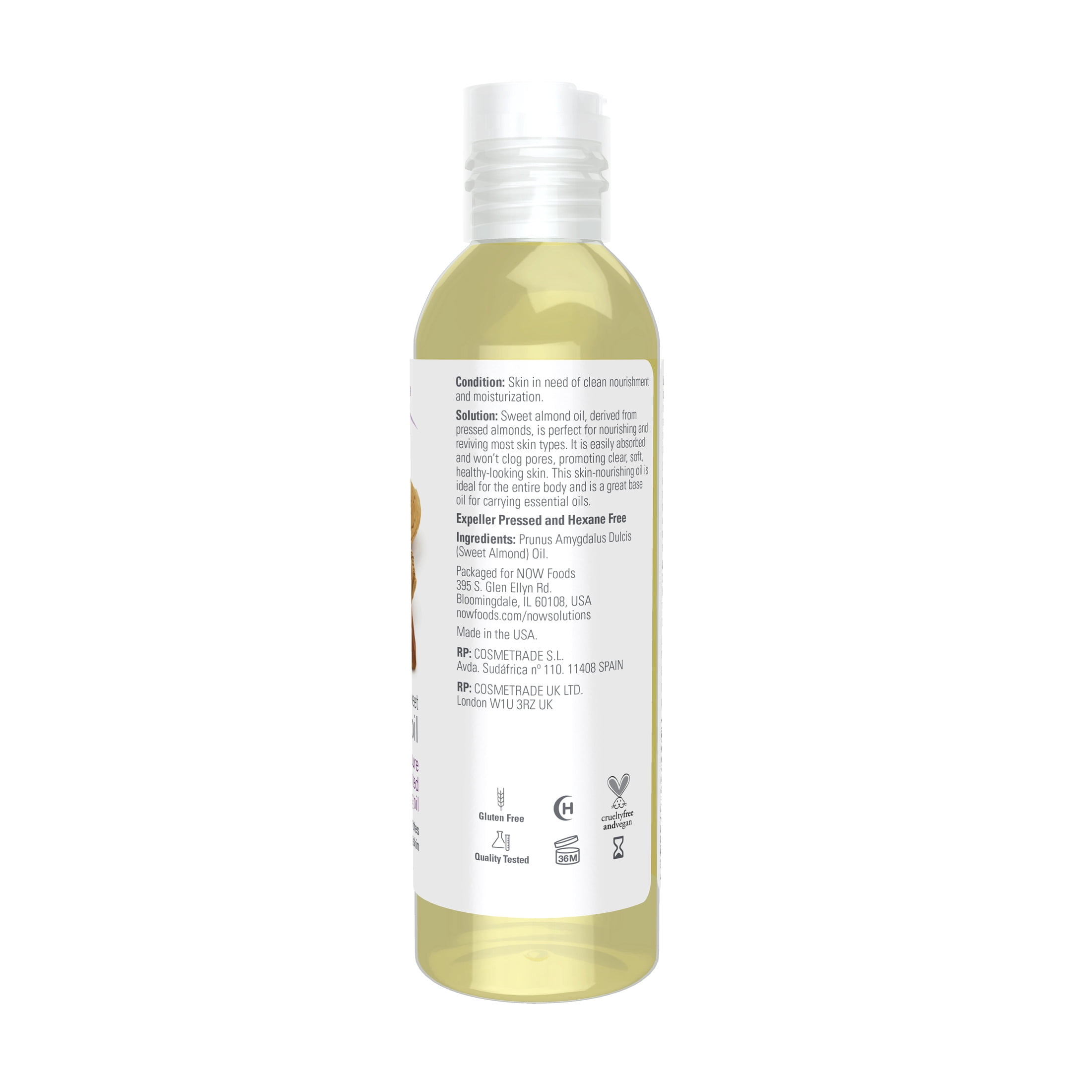 NOW Solutions, Sweet Almond Oil, 100% Pure Moisturizing Oil, Promotes Healthy-Looking Skin, Unscented Oil, 4-Ounce