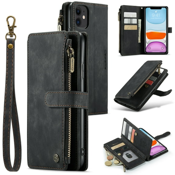for iPhone 11 Case, Wallet Case with Card Holder Kickstand Magnetic Zipper Pocket Lanyard Strap Wristlet,Leather Flip Case Wallet for iPhone 11, Black