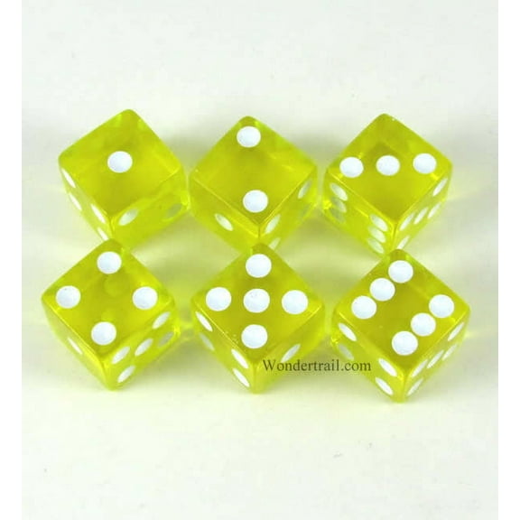 Yellow Transparent Dice with White Pips D6 16mm (5/8in) Pack of 6 Koplow Games
