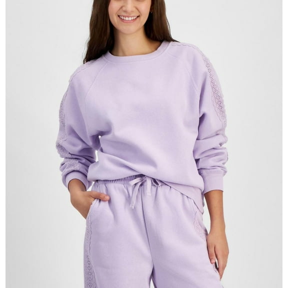 Planet Heart Juniors' Fleece Crochet-Trim Crewneck Sweatshirt - Lavender Haze - XLUS