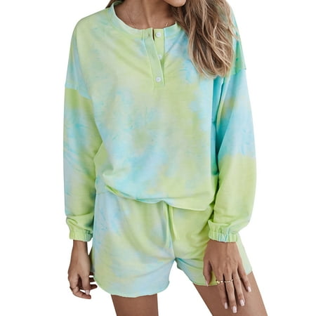 

HUBERY Women Tie Dye Crew Neck Button Up Long Sleeve Waistband Sleepwear Set