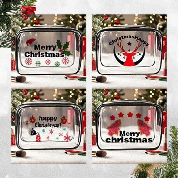 Christmas Transparent Makeup Bag Set, Clear PVC Travel Wash Bag with Holiday Prints for Cosmetics Storage, Multicolor, One Size, Plastic