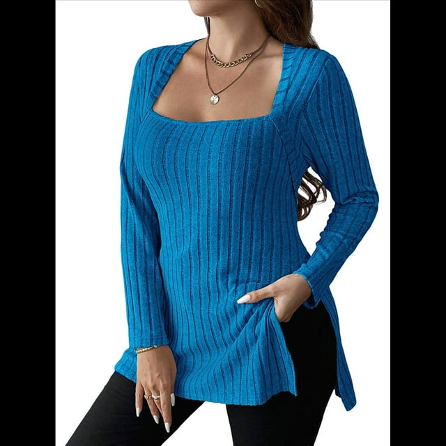 Camisas de Larga para Mujer, Blusas Casuales Modernas con Cuello Cuadrado, Suéteres Ligeros. Azul Real XXXL