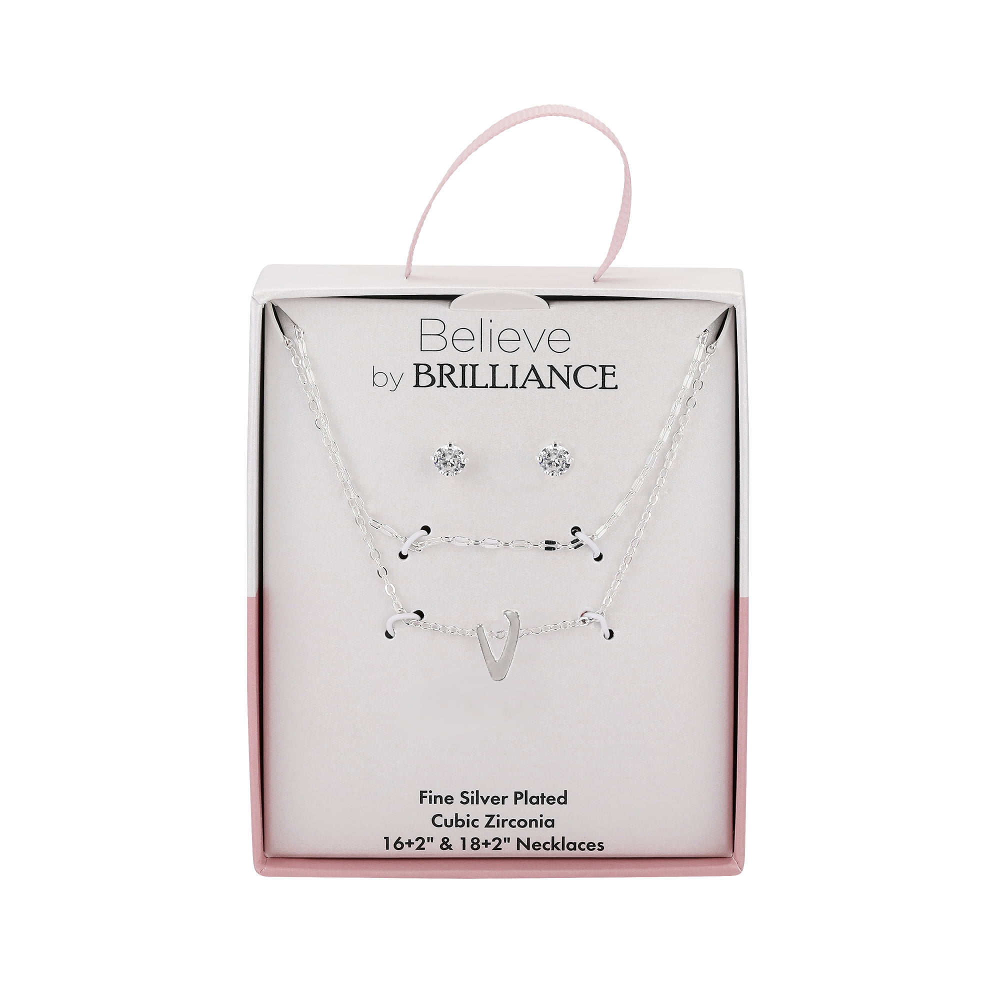 Believe by Brilliance Women's Initial V Slider Layered Necklace and Stud Set, 16+2"/18+2"