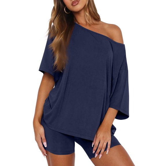 Women Off The Shoulder Lounge Set Loose Short Sleeve Top High Waist Biker Shorts Matching Outfit Two Piece Tracksuit Navy 2XL