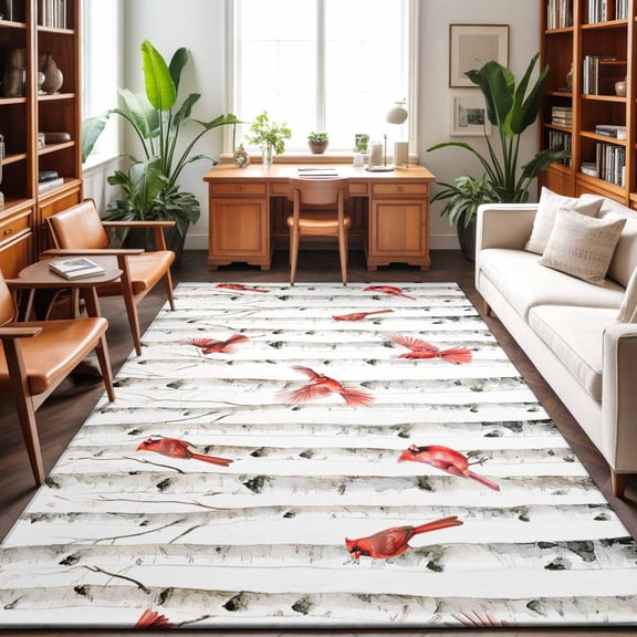Large Area Rugs 8'x10', Red Birds Rustic Carpet Runner Indoor Outdoor Rugs Home Decor Aesthetic, Vintage Country Forest Tree Bird Non Slip Mats Washable Accent Rug for Living Room Bedroom