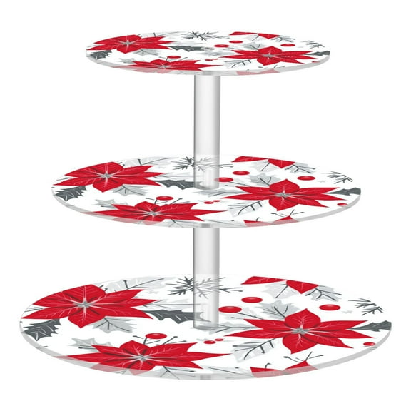 3-Tier Acrylic Cupcake Stand Sturdy Dessert Display Cupcake Tower Cupcake Holder for Party Wedding Outdoor Picnic Red Poinsettia Pattern