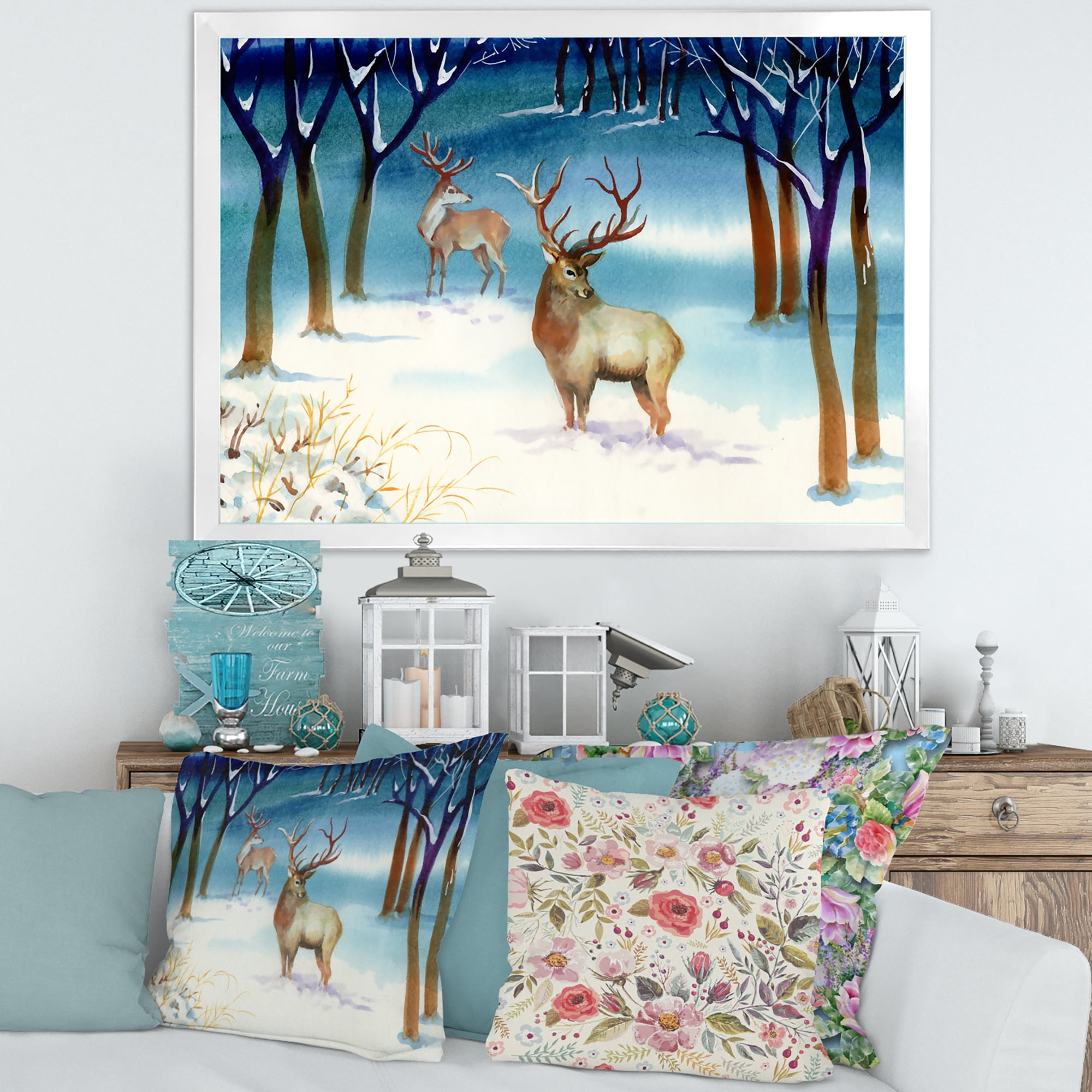 Designart 'Deers With Winter Landscape' Traditional Framed Art Print