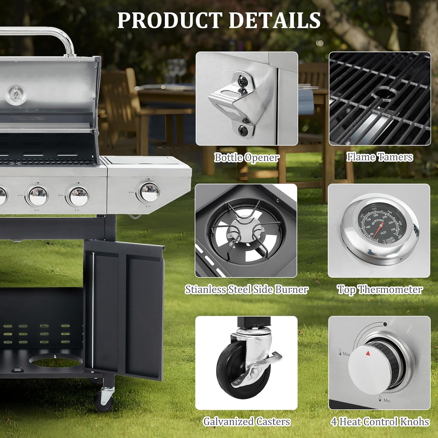 4 Burner Barbecue Grill, Stainless Steel Propane Gas Grill with Side Burner and Thermometer for Outdoor BBQ, Camping, 4 Wheels