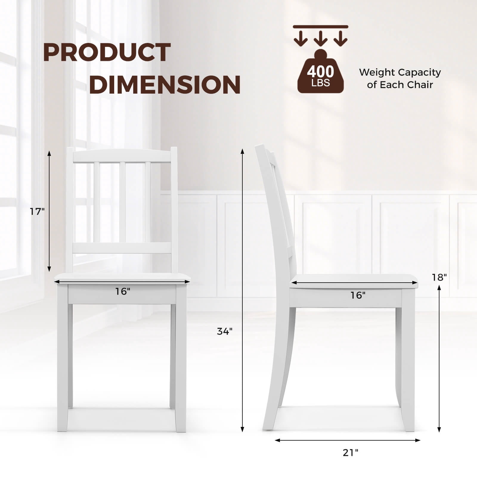 Costway Wood Dining Chair Set of 2 with Rubber Wood Legs Curved Backrest for Kitchen White