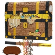 WERNNSAI Treasure Chest Piñata - Pull String Pirate Themed Piñata with Blindfold and Bat Adventure Birthday Party Decoration for Boys Kids Family Games Piñata Adventure Theme Party Supplies