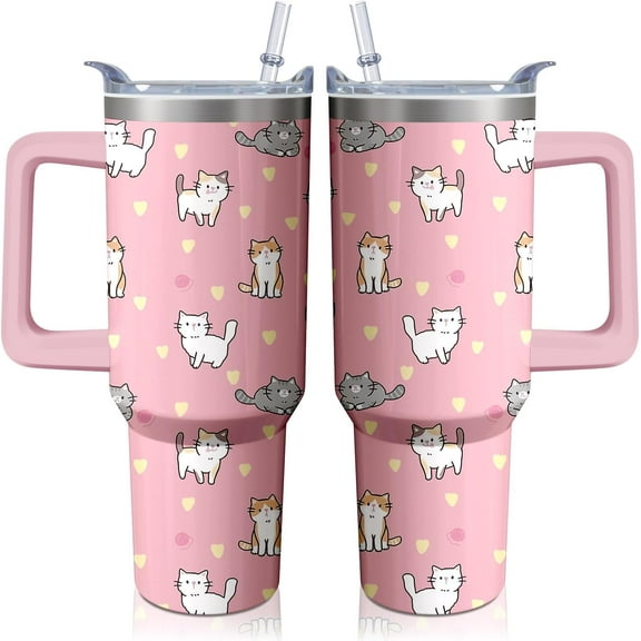 40oz Cute Cat Tumbler with Handle and Straw, Stainless Steel Insulated Cup with Lid, Travel Coffee Mug Water Bottle, Birthday Mothers Day Gifts for Women Men Animal Lovers