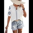 thumbnail image 2 of Blusas de Verano para Mujer, Blusas Florales Bordadas con Mangas Abullonadas, Cuello en V, Estilo Bohemio, Informal Albaricoque M, 2 of 7