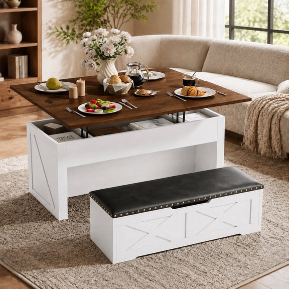 Doyolan Lift Top Coffee Table Set, 40'' Multi-Function Coffee Table with Ottoman Bench on Wheels and Hidden Compartment, Center Table with Bench for Living Room