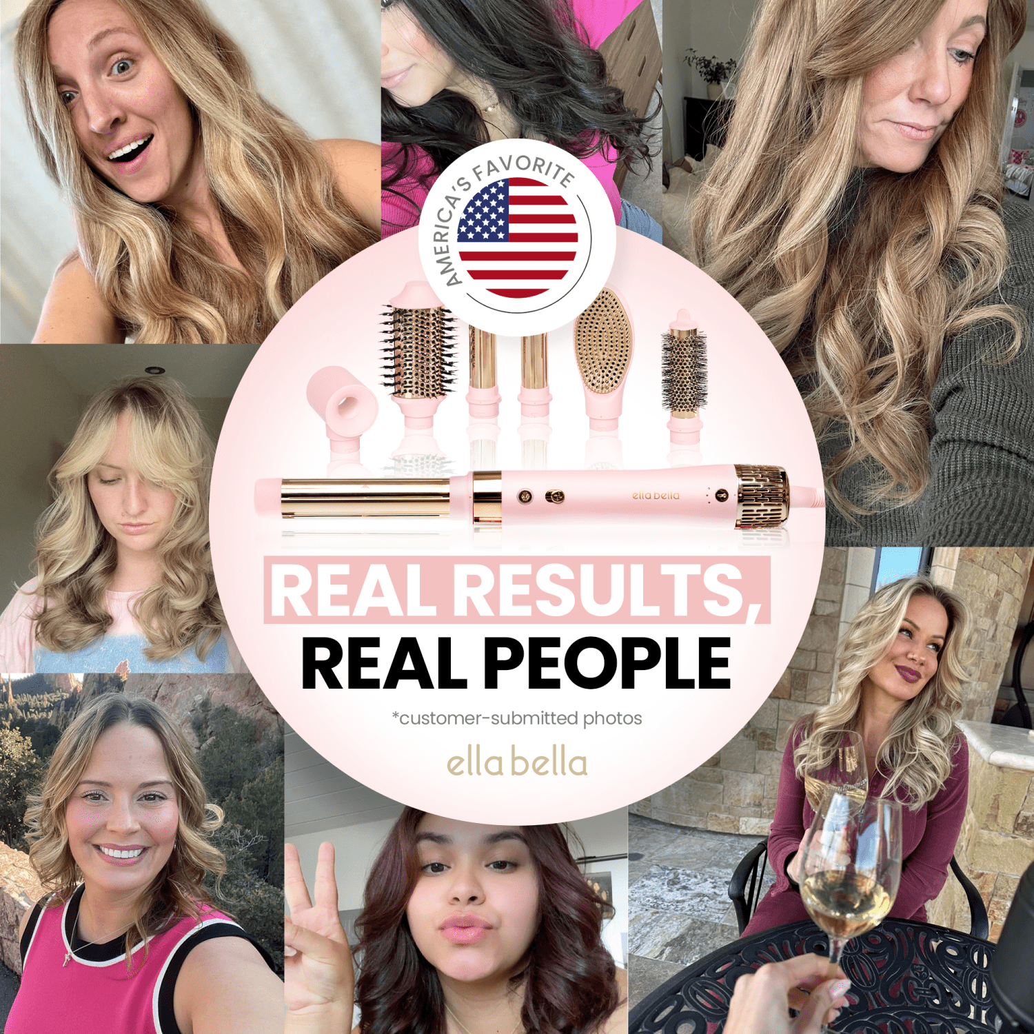 ELLA BELLA® 6 in 1 Professional Hot Air Styler • Powerful Hair Dryer & Straightener Set • Fast Drying Curling Volumizing Straightening Styling • Includes Protective Travel Case (Pink)