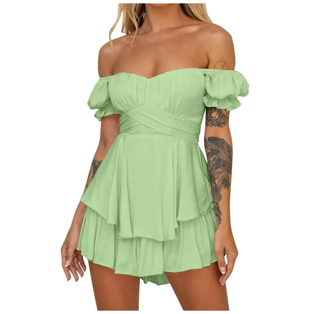 Penkiiy Combinaisons pour Femmes Mode Été Solide Décontracté Manches Courtes Bretelles Combinaison Courte Verte P Combinaisons