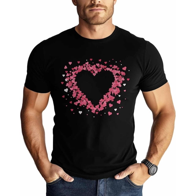 Camisetas para hombre, camiseta romántica de algodón con cuello redondo y corazones rosas, manga corta para hombre, San Valentín, corazón de amor.