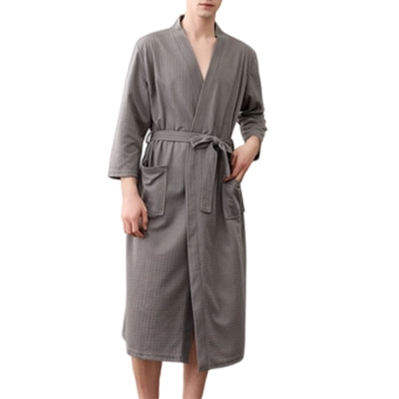 aohooy Men's Waffle Robe Big and Tall 3/4 Sleeve Kimono Robe Casual V Neck Loungewear Sleepwear Bathrobe with Belt and Pockets for Spa Resort Home Gray,M