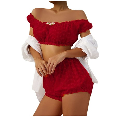 

XHJUN Lingerie Set for Women White Ruffle Trim Polka Dots Lingerie Set Wine L