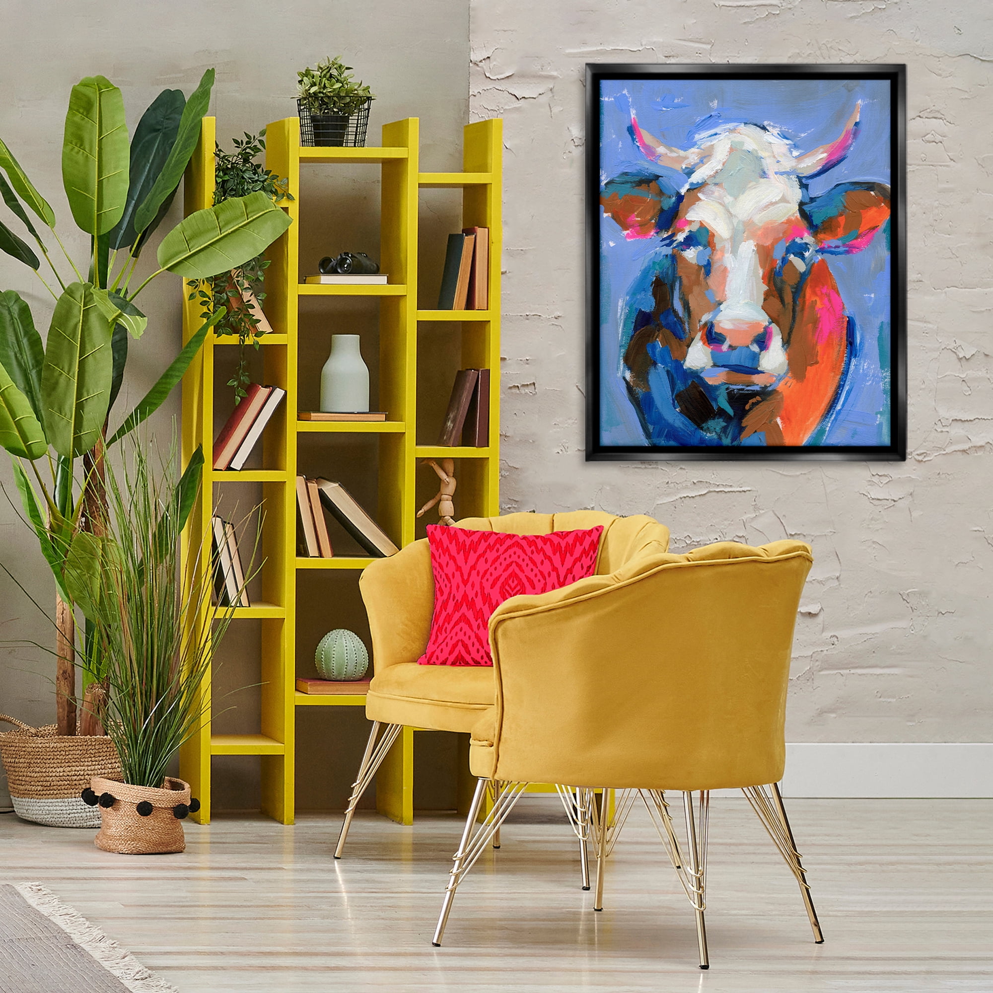 Stupell Industries Bold Paint Strokes Cow Animals & Insects Painting Black Floater Framed Canvas Art Print Wall Art, 25 x 31