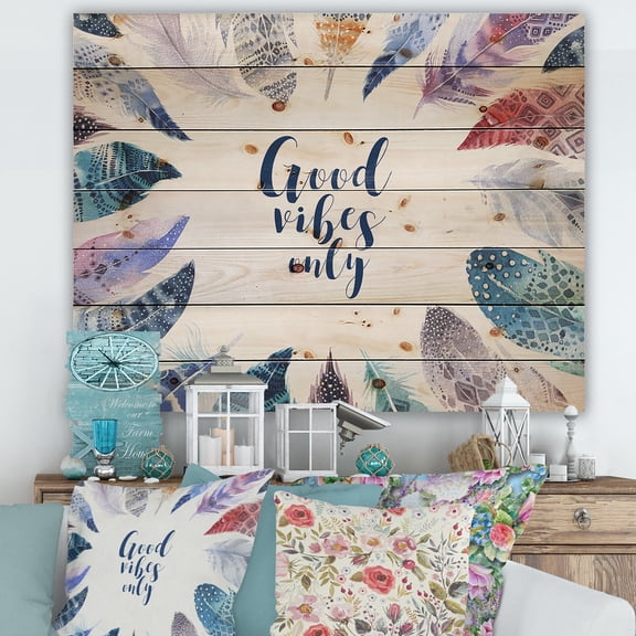 Designart 'Good VIbes Only Under Vibrant Blue Feathers' Bohemian & Eclectic Print on Natural Pine Wood