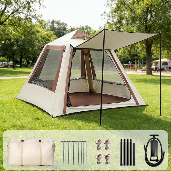 Inflatable Camping Tent with Awning, 2-4 Person 4-Season Waterproof Oxford Air Tent, Quick Setup Blow Up Tent with Hand Pump & Ground Tarp for Camping Glamping Hiking