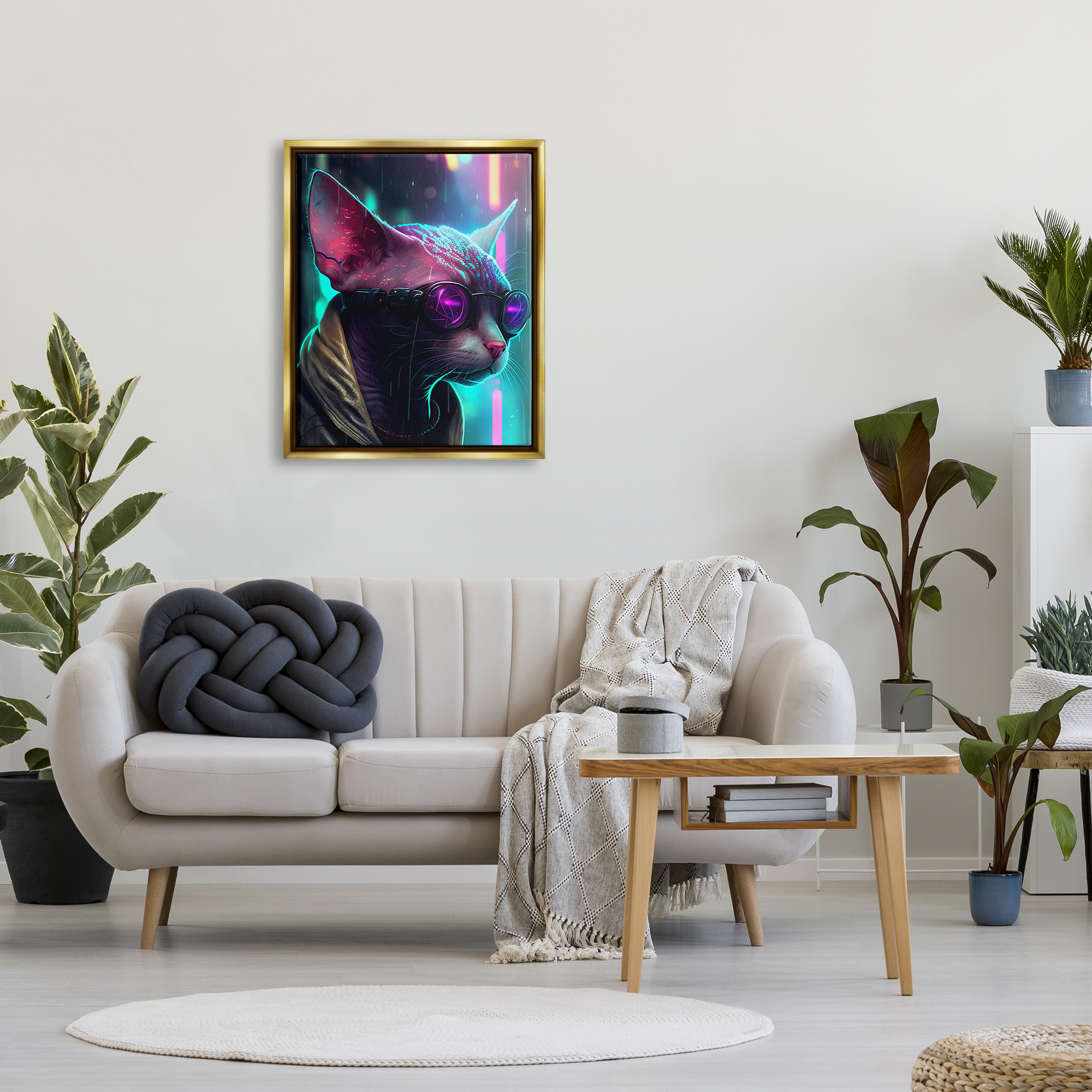 Stupell Industries Sphynx Cat Futuristic Cyber Style Animals & Insects Painting Gold Floater Framed Art Print Wall Art