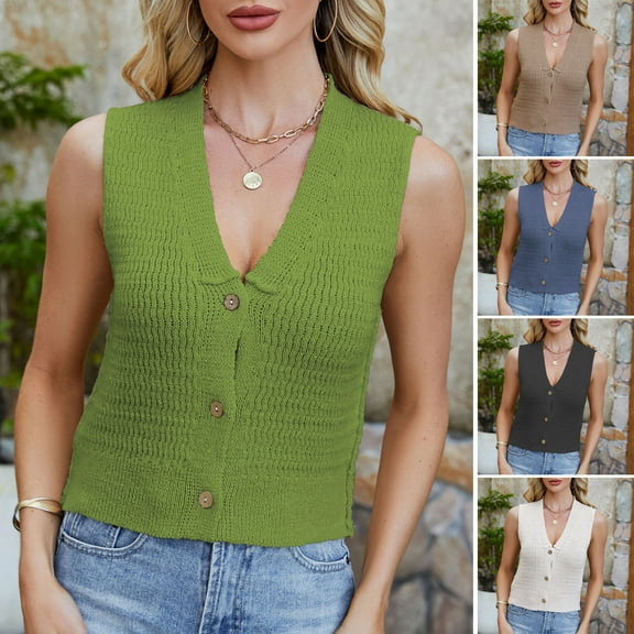 ZenCart Women's Cropped Sweater Vest V Neck Button Down Crop Top Summer Casual Knit Sleeveless Cardigan for Teens Girls