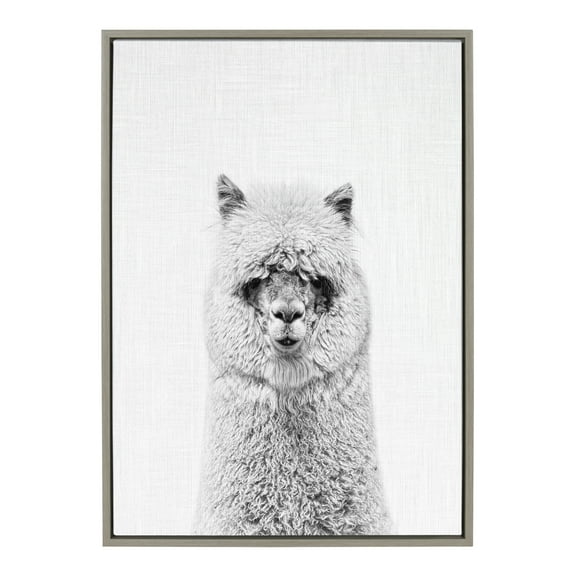 Kate and Laurel Sylvie Hairy Alpaca Black and White Portrait Framed Canvas Wall Art by Simon Te Tai, 23x33 Gray