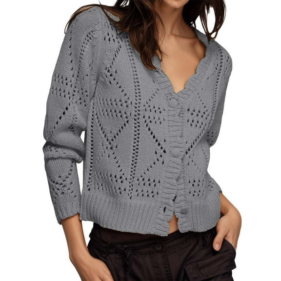 Ediodpoh Long Sleeve Button Down Cardigan Sweaters for Women Open Front Knit Coat Casual Outwear for Autumn Winter Season Grey M