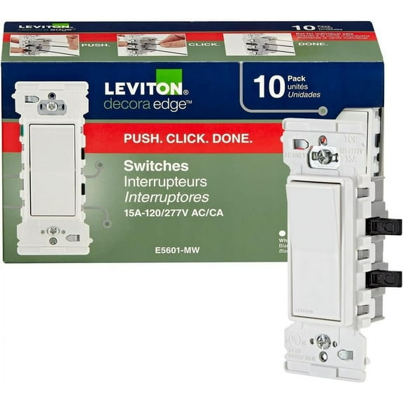 Leviton E5601-MW Decora Edge 15 Amp Single Pole Rocker Switch, 10-Pack, White